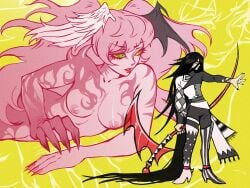 1boy 1boy1girl 1girls androgynous black_hair danganronpa danganronpa_2:_goodbye_despair green_eyes izuru_kamukura junko_enoshima long_fingernails long_hair_male nude pink_hair red_eyes ren_valentine straight_hair tagme twintails yellow_sclera