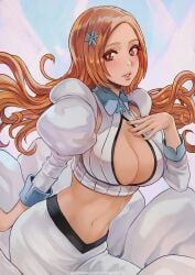 1girls big_breasts bleach bleach:_the_thousand-year_blood_war blouse boob_window breasts busty cleavage curvy dress eyelashes eyeliner female female_only fully_clothed hair_ornament hi_res inoue_orihime lipstick long_hair magion02 makeup midriff nail_polish navel orange_hair puffy_sleeves shirt skirt solo