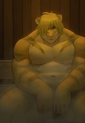 absurd_res anthro barely_visible_genitalia barely_visible_penis covering covering_crotch felid fur genitals green_eyes hi_res humanoid_genitalia kumamikan lifewonders looking_at_viewer macan_(tokyo_afterschool_summoners) magan male male_only mammal muscular muscular_anthro muscular_male navel nude pantherine pecs penis sauna solo striped_body striped_fur stripes tiger tokyo_afterschool_summoners video_games yellow_body yellow_fur