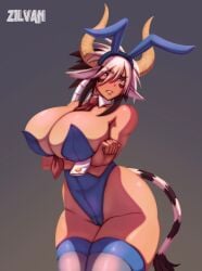 animal_ears animal_tail big_breasts bovid bovine bovine_ears breasts bunny_costume cameltoe cathyl cathyl_(monster_musume) cleavage clothed clothing costume european_mythology facial_markings fake_ears fake_rabbit_ears female female_minotaur greek_mythology head_markings hi_res holding_breast horns huge_breasts humanoid legwear long_horn mammal markings minotaur minotaur_female monster_girl monster_girl_(genre) monster_musume monster_musume_no_iru_nichijou mythology partially_visible_vulva skindentation solo tail_tuft thick_thighs thigh_highs tuft wide_hips zilvan