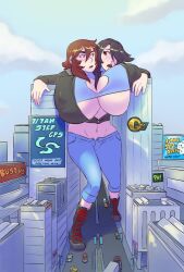 2_heads aliessa_phaire big_breasts black_hair breasts brown_hair clothed clothing commission commissioner_insert conjoined giantess hair_over_one_eye huge_breasts icymasamune large_breasts outdoors story_at_source stuck tobi_(idolmonkeh)