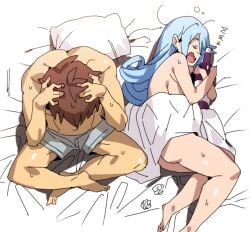 1boy 1girls 5stages_of_grief after_sex aqua_(konosuba) aqua_hair ass batsuma breasts female goddess kono_subarashii_sekai_ni_shukufuku_wo! long_hair pillow satou_kazuma sleeping thick_thighs thighs white_sheets