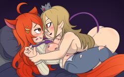 2girls acfap120 beige_sweater blanket blonde_hair breast_squish breasts breasts_frottage breasts_out breasts_to_breasts brown_eyes clothed crown demon demon_girl demon_tail grabbing_wrists holding_wrists horse_ears horse_girl horse_tail indie_virtual_youtuber jeans lipstick_mark lipstick_on_breast lucahjin multiple_girls naked pillow purple_lipstick purple_lipstick_mark purple_panties red_eyes red_hair ripped_jeans rosa_jon_(protonjon) sweater tail torn_jeans virtual_youtuber zipper_down