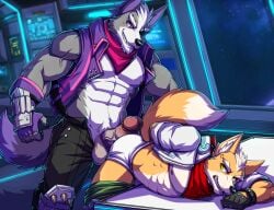 5_fingers abs absurd_res anthro balls biceps big_muscles breasts canid canine canis clothed clothing dominant dominant_male drks duo erection fingers fox fox_mccloud fur genitals grey_body grey_fur hair hi_res male male/male male_only mammal muscular muscular_anthro muscular_male nintendo nipples penis star_fox underwear video_games white_clothing white_underwear wolf wolf_o'donnell yellow_body yellow_fur yellow_skin