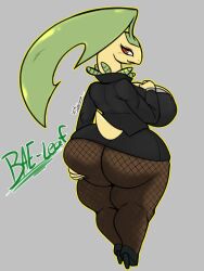 anthro ass bayleef big_ass big_breasts big_butt breasts clothed clothing female fishnet fishnet_legwear hi_res holding_butt huge_ass huge_butt jyto legwear looking_at_viewer looking_back looking_back_at_viewer nintendo pokémon_(species) pokemon pokemon_(species) solo video_games