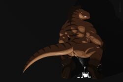 absurd_res anthro anus ass black_anus black_background black_penis bodily_fluids boots boots_only brown_body brown_scales clothing creideiki_raptor_(creideiki) crouching cum cum_in_a_cup digital_media_(artwork) digitigrade digitigrade_footwear dinosaur dromaeosaurid footwear footwear_only genital_fluids genitals glass gloves grin hand_on_knee hand_on_leg handwear hi_res knot leather leg_grab male male/male mostly_nude muscular nude penis reptile scales scalie shoes shoes_only simple_background slit smile solo theropod thigh_grab tjloog yellow_sclera