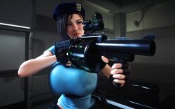 1girls 2023 3d 3d_(artwork) alternate_breast_size beret breasts_bigger_than_head capcom clothed clothed_female female female_only female_solo fully_clothed grenade_launcher gun hat holding_gun holding_object holding_weapon huge_breasts human human_female human_only jill_valentine jill_valentine_(julia_voth) resident_evil resident_evil_3 skin_tight skindentation solo solo_female upper_body vaako weapon