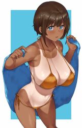 1girls 2022 bikini blue_background blue_eyes breasts brown_hair collarbone dark-skinned_female dark_skin female female_focus female_only hai_ookami highres large_breasts looking_at_viewer multicolored_hair navel one-piece_tan orange_bikini original short_hair side-tie_bikini simple_background solo solo_female standing swimsuit tan tanlines towel two-tone_hair wet white_background