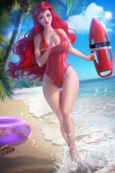 ariel ayyasap baywatch_(cosplay) baywatch_(franchise) beach blue_eyes cleavage cosplay crab disney disney_princess large_breasts long_hair one-piece_swimsuit red_hair seaside the_little_mermaid voluptuous