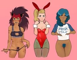 3girls adora black_bra black_panties blonde_female blonde_hair blue_eyes blue_hair blue_pubic_hair bottomless bottomless_female bra braid braided_hair breasts brown_hair brown_pubic_hair brown_stockings bunny_ears bunny_girl bunnysuit cat_bra cat_ears cat_lingerie cat_panties catgirl catra claws cleavage dark-skinned_female dark_skin fangs female female_focus female_only grabbing_own_breast heterochromia kloee-nsfw_(artist) leotard light-skinned_female light_skin lingerie long_hair looking_at_viewer mega_milk mermista multiple_girls panties pantyhose pink_background ponytail presenting pubic_hair pulling_panties pussy red_bunnysuit red_leotard seductive she-ra_and_the_princesses_of_power simple_background source_request stockings text tongue tongue_out underwear unshaved_pussy yellow_eyes