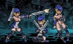 blazblue blonde_hair blue_eyes breasts_out crossover cum darkest_dungeon dual_wielding firing hat medium_breasts niur noel_vermillion pistol tentacle