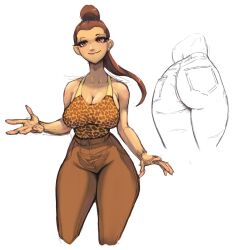 5_fingers aeyga ass ass_focus big_breasts black_pupils breasts brown_eyes brown_hair brown_pants cleavage dat_ass ears eyebrows eyelashes federica_(sonic_unleashed) female female_only human jeans leopard_print_shirt lipstick long_hair looking_at_viewer pants pocket ponytail red_lipstick shirt sketch smiling smiling_at_viewer solo solo_female sonic_(series) sonic_unleashed tagme topwear white_background white_sclera