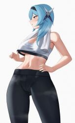 1girls blue_hair blush breasts eula_(genshin_impact) female female_only genshin_impact gym_clothes hand_on_hip hi_res leggings midriff navel sp123 sports_bra sweat thick_thighs towel underboob workout yoga_pants