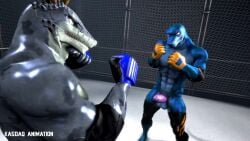 2boys 3d abs anal_penetration anal_sex animated anthro aqua_eyes blue_body crocodilian erect_while_penetrated erection fighting_ring flipped gay gloves gray_body handjob horns humanoid_penis kasdaq looking_at_penis muscular no_nipples no_orgasm no_sound orange_eyes pecs penis penis_size_difference pointed_teeth punching scalie_humanoid scalie_only slit_pupils spread_legs stroking_cock tagme thrusting_into_ass video