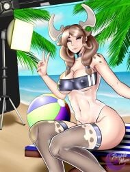 animal_humanoid beach beach_ball big_ass big_breasts bovine bovine_humanoid brown_eyes brown_hair clothed cow_girl female female female_focus gris_swimsuit hair heidi_moo horns humanoid lipstick monster_girl nail_polish original_character peace_sign photosession purplemoonnsfw sitting solo splashbrush studio swimsuit thick_thighs tight_clothing transparent_clothing