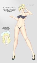 2girls alternate_hairstyle bikini blonde_hair female full_body green_eyes high_heels legs lillie_(pokemon) lusamine_(pokemon) m_jr_art mature_female milf mother multiple_girls pokemon pokemon_sm short_hair swimsuit thighs