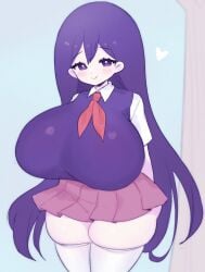 1girls areola_bulge big_breasts blush breasts clarevoir clothing cute female female_focus female_only fully_clothed huge_breasts large_breasts mari_(omori) massive_breasts mob_face omori plump purple_hair short_skirt shortstack skirt smile solo thick thick_hips thick_thighs thighhighs top_heavy white_thighhighs wide_hips