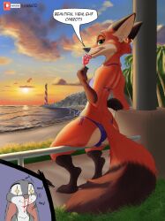 absurd_res anthro ass beach bikini bulge canid canine crossdressing disney duo fox fur girly hi_res judy_hopps lagomorph leporid link6432 male mammal nick_wilde rabbit smile swimsuit swimwear text water zootopia zootropolis