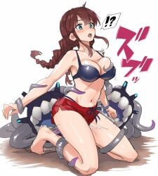 ! !? bangs barefoot bikini black_bikini blush braid breast_grab breasts brown_hair cleavage emphasis_lines enemy_naval_mine_(kantai_collection) female furufuru_fugu grabbing grabbing_from_behind green_eyes groping kantai_collection kneeling large_breasts long_hair motion_lines navel noshiro_(kantai_collection) open_mouth pussy_juice restrained restrained_by_tentacles sex sex_from_behind shinkaisei-kan shorts surprised swimsuit swimsuit_under_clothes tentacle tentacle_sex tentacles_around_arms tentacles_around_legs twin_braids