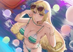 ahoge bikini bikini_pull blonde_hair blush breasts cleavage closed_mouth clothes_pull dusk_diver_(series) eyewear_on_head female fish_hair_ornament from_above gold_bracelet gold_choker green_bikini hair_ornament hands_up highres large_breasts le_viada looking_at_viewer mole mole_under_eye o-ring o-ring_bikini partially_submerged pool pulled_by_self smile solo sunglasses swimsuit untied untied_bikini water wet wet_hair yamikyon