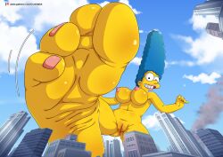 1girls 4_toes barefoot big_breasts blue_hair breasts city confettish feet foot_focus giantess macro marge_simpson nipples nude pussy smooth_skin soles the_dark_mangaka the_simpsons toes vagina yellow_skin