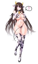 1girl 1girls ? absurdres alternate_costume animal_ears animal_print arm_strap bangs bell bikini bindong black_footwear black_hair black_ribbon blush breast_suppress breasts cleavage collar commentary counter:side cow_bikini cow_ears cow_horns cow_print cowbell elbow_gloves eyepatch_bikini female finger_to_mouth full_body gloves hair_between_eyes highres horns index_finger_raised large_breasts light-skinned_female light_skin long_hair looking_at_viewer micro_bikini neck_bell print_bikini print_gloves print_legwear print_thighhighs purple_eyes ribbon shin_jia shoes shushing side-tie_bikini side-tie_bikini_bottom simple_background skindentation solo spoken_question_mark standing standing_on_one_leg string_bikini swimsuit symbol-only_commentary thigh_gap thighhighs underboob untied untied_bikini very_long_hair white_background white_gloves