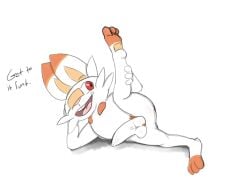 absurd_res anthro ass balls buckteeth dialogue dirty_talk dominant dominant_male foreskin genitals hi_res lagomorph leporid male mammal nintendo one_eye_closed penis pokémon_(species) pokemon presenting presenting_hindquarters pubes rabbit raised_leg scorbunny solo teeth twerpishimp video_games wink