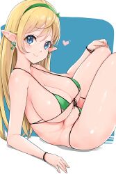 absurdres arm_support bangs bare_shoulders bikini blonde_hair blue_background blue_eyes blush breasts cleavage closed_mouth earrings elf eyebrows_visible_through_hair feet_out_of_frame female female from_side green_bikini green_hairband hairband hand_on_own_knee heart highres jewelry knees_up kntrs_(knyrs) large_breasts long_hair looking_at_viewer looking_to_the_side lying micro_bikini on_back original pointy_ears smile solo strap_gap swimsuit two-tone_background very_long_hair wristband