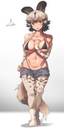 2022 absurdres african_wild_dog_(kemono_friends) african_wild_dog_print alternate_breast_size animal_ears animal_print arm_at_side arm_between_breasts bangs bare_shoulders between_breasts bikini black_bikini black_hair black_swimsuit boots breasts brown_eyes collarbone colored_inner_hair covered_nipples cutoffs dated denim denim_shorts detached_sleeves dog_ears dog_tail eyebrows_visible_through_hair female full_body furrowed_brow grey_hair halterneck hand_up highleg highleg_bikini highleg_swimsuit highres iparuputsua kemono_friends large_breasts legwear_under_shorts looking_at_viewer lowleg lowleg_shorts medium_hair micro_bikini multicolored_hair navel open_mouth pantyhose print_legwear print_sleeves shiny shiny_hair shorts signature skindentation smile solo solo_female solo_focus stomach strap_gap swimsuit swimsuit_under_clothes tail thigh_gap two-tone_hair unaligned_breasts walking