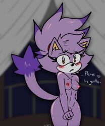 absurd_res anthro blaze_the_cat blush breasts dialogue domestic_cat felid feline felis female genitals hi_res looking_at_viewer mammal nipples pussy sega skybeatz solo sonic_(series) sonic_the_hedgehog_(series)