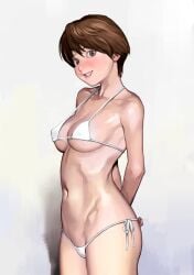 arms_behind_back bikini breasts brown_eyes brown_hair cleavage covered_nipples female female grin inamitsu_shinji lips looking_at_viewer lowleg lowleg_bikini medium_breasts micro_bikini navel original short_hair side-tie_bikini smile solo stomach strap_gap swimsuit teeth underboob white_bikini