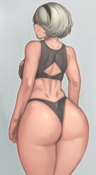 1girls ass big_ass big_butt blindfold female kelvin_hiu large_ass looking_back nier nier:_automata short_hair simple_background smile solo solo_female white_background white_hair yorha_2b