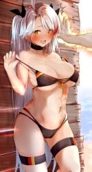 1boy :p absurdres azur_lane bikini bikini_pull black_bikini black_choker black_ribbon blush breasts choker clothes_pull collarbone commentary_request female female flag_print german_flag german_flag_bikini hair_ribbon highres kabedon large_breasts leg_garter legs_apart long_hair looking_away looking_to_the_side mole mole_on_breast multicolored_hair navel official_alternate_costume open_mouth prinz_eugen_(azur_lane) prinz_eugen_(unfading_smile)_(azur_lane) pulled_by_self raru_(nanaharararu) red_hair ribbon smile solo_focus standing straight strap_pull streaked_hair swimsuit thigh_strap tongue tongue_out very_long_hair white_hair yellow_eyes