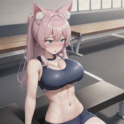 abs ai_generated animal_ears big_breasts blue_eyes blush fit_female gym gym_clothes hi_res long_hair muscular_female original_character overflowing_breasts pink_hair ponytail pov sitting suspicious sweaty thinking_about_sex tired user_lovespike