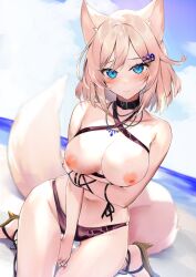 animal_ears bangs bare_shoulders beach between_legs bikini black_collar blonde_hair blue_eyes blush breasts closed_mouth collar commission criss-cross_halter day dutch_angle female female fox_ears fox_girl fox_tail hair_ornament halterneck hand_between_legs highres jewelry kasumi_komo large_breasts looking_at_viewer medium_hair navel necklace nipples original outdoors purple_bikini sandals skeb_commission sling_bikini_top solo stomach swimsuit tail