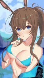 amiya_(arknights) animal_ears aqua_bikini arknights artist_name bangs bikini black_jacket blue_bikini blue_eyes blurry blurry_background blush breasts brown_hair bunny_ears cleavage collarbone female female female_focus hair_between_eyes highres jacket large_breasts long_hair long_sleeves looking_at_viewer open_clothes open_jacket outdoors ponytail rabbit_ears sidelocks solo swimsuit team_moka underboob