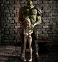 3d blonde_hair bondage bound bound_wrists captured chains elf female imminent_rape male male_nipples nipples orc original_character pierced_nipples piercing princess pussy scared size_difference small_breasts that3dartist virgin young