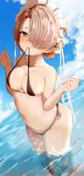 absurdres azur_lane bangs bare_shoulders bikini black_bikini blonde_hair blue_sky blush breasts cleavage closed_mouth cloud collarbone day eyebrows_visible_through_hair feet_out_of_frame female female hair_between_eyes hair_over_eyes hair_over_one_eye hands_up highres kneeling looking_at_viewer maid_headdress medium_breasts micro_bikini mouth_hold navel one_eye_covered orange_eyes outdoors raru_(nanaharararu) sheffield_(azur_lane) short_hair side-tie_bikini sky solo standing swimsuit water