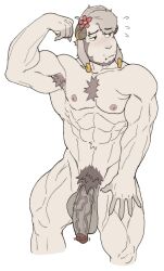 1boy 2022 abs accessory anthro armpit_hair balls beard biceps big_balls big_muscles big_penis blush body_hair bovid caprine chest_hair ear_piercing ear_ring eyebrow_piercing eyebrows facial_hair facial_piercing flaccid flexing flower flower_in_hair flustered fur genitals gnell_(inkgoat) goat hair hair_accessory hi_res horn horn_jewelry horn_ring humanoid_genitalia humanoid_penis inkgoat looking_away male male_only mammal muscular muscular_anthro muscular_male narrowed_eyes navel nipples nude obliques pecs penis piercing plant pubes ring_(jewelry) simple_background solo standing tuft vein veiny_penis white_background