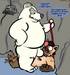 2022 anthro balls blush club_penguin duo english_text erection genitals herbert_p._bear hyaenid inked-waffle leash lying male mammal nipples overweight overweight_male penis polar_bear tail_motion tailwag text ursid ursine