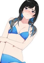 arm_across_waist arm_at_side bikini black_hair black_scrunchie blue_bikini blue_eyes blue_hair blush breasts closed_mouth commentary_request cowboy_shot dutch_angle ear_blush eyebrows_behind_hair female female from_below frown goshiki_suzu grabbing_own_arm hair_over_shoulder highres looking_at_viewer looking_down multicolored_hair navel original over_shoulder scrunchie short_twintails small_breasts solo swimsuit twintails