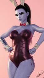 1girls 3d arm_tattoo blizzard_entertainment blue_body blue_skin bunny_girl clothed clothing fanart female female_only hands_on_hips large_breasts long_hair looking_at_viewer overwatch pinup ponytail slushe_(website) solid_color_background solo solo_female standing stylized suefantasy3dx tattoo widowmaker