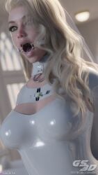 1futa 3d blonde_hair bondage candle collar dress female futa_only futanari futanarization futasub gag gagged gs3d indoors large_breasts latex_dress male_to_futa open_mouth_gag restrained slushe_(website) solo solo_futa standing white_blindfold white_dress