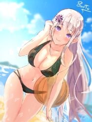 1girls :) artist_name bare_shoulders barto beach beach_ball bikini bikini_bottom bikini_top black_bikini breasts cleavage elf elf_ears elf_female female female_only flower_in_hair hair_ornament large_breasts long_hair looking_at_viewer navel pointy_ears purple_hair re:zero_kara_hajimeru_isekai_seikatsu satella_(re:zero) silver_hair smile solo solo_female sunny swimsuit thigh_gap thighs witch