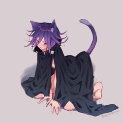 1boy all_fours cat_ears cat_tail catboy danganronpa danganronpa_v3 embarrassed ewa_(seraphhuiyu) femboy light_skin looking_to_the_side male male_only neko ouma_kokichi purple_eyes purple_fur purple_hair shy solo straight_hair