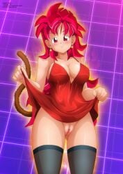 aura blush bottomless breasts commission commissioner_upload dragon_ball dragon_ball_(object) dragon_ball_gt dragon_ball_heroes dragon_ball_super dragon_ball_xenoverse dragon_ball_z earrings eyebrows_visible_through_hair female female female_only female_saiyan large_breasts long_hair messy_hair monkey_tail nipples oc original original_character purple_background pussy red_dress red_eyes red_hair saiyan saiyan_tail shounen_jump solo solo_female super_saiyan_god tail thighhighs zel-sama zou_(dragon_ball_xenoverse)