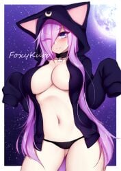 big_breasts black_panties black_underwear braless cat_ear cat_ears dirtykuro foxykuro hair_covering_eye hair_covering_one_eye hair_over_one_eye hood hoodie kuro_(foxykuro) large_breast large_breasts long_hair long_purple_hair moon night night_sky open_hoodie panties purple_eyes purple_hair smile smiling underwear winking winking_at_viewer