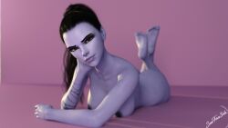 1girls 3d arm_tattoo artist_name blizzard_entertainment blue_body blue_skin depth_of_field fanart female female_only large_breasts looking_at_viewer nude_female overwatch simple_background slushe_(website) solid_color_background solo solo_female suefantasy3dx tattoo widowmaker