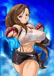 1girls bare_shoulders big_breasts breasts brown_hair busty cleavage covered_nipples erect_nipples female female_only final_fantasy final_fantasy_vii fingerless_gloves gloves hips hourglass_figure huge_breasts large_breasts long_hair navel nipple_bulge nipples panties red_eyes see-through shimotsuki_juugo skirt smile solo solo_female square_enix sweat tank_top thick thick_thighs thighs tied_hair tifa_lockhart toned underboob underwear wide_hips