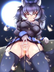 absurdres anus black_hair censored dire_wolf_(kemono_friends) female female garter_straps highres kemono_friends looking_down no_panties peeing pussy smile solo spread_pussy standing thighhighs y-san_(yoshino_yuuri)